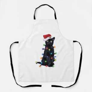 Zwarte Kerstman Kat met kerstverlichting Schort