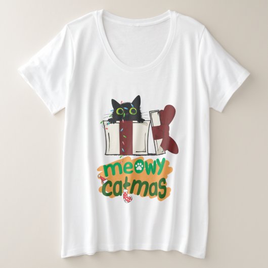 Zwarte Kerstman Kat Verward In Kerstboom Lichten Grote Maat T-shirt (Design voorkant)