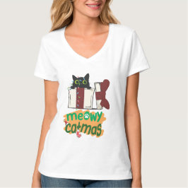 Zwarte Kerstman Kat Verward In Kerstboom Lichten T-shirt