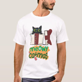 Zwarte Kerstman Kat Verward In Kerstboom Lichten T-shirt