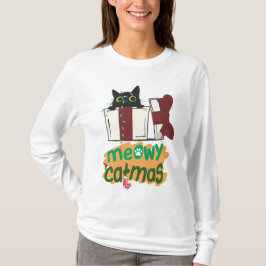 Zwarte Kerstman Kat Verward In Kerstboom Lichten T-shirt