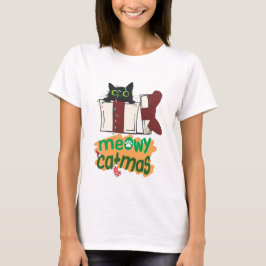 Zwarte Kerstman Kat Verward In Kerstboom Lichten T-shirt