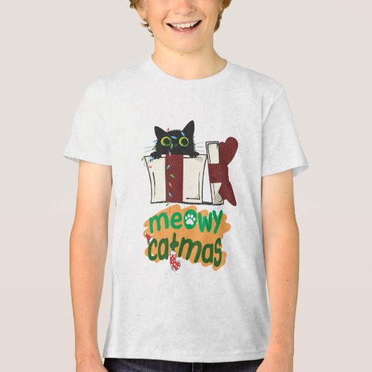 Zwarte Kerstman Kat Verward In Kerstboom Lichten Tri-Blend Shirt (Voorkant)