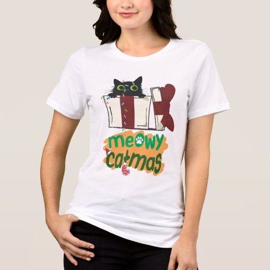 Zwarte Kerstman Kat Verward In Kerstboom Lichten Tri-Blend Shirt (Voorkant)