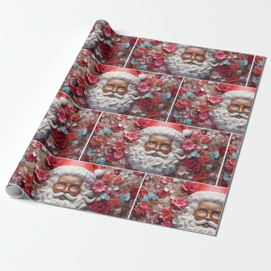Zwarte Kerstman Melanin Kerst 3D St. Nick Cadeaupapier (Uitgerold)