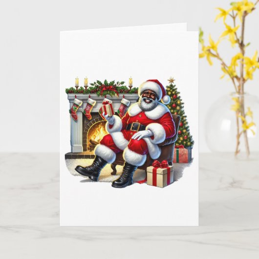 Zwarte Kerstman met open haard Gepersonaliseerde K Kaart (Gele Bloem)