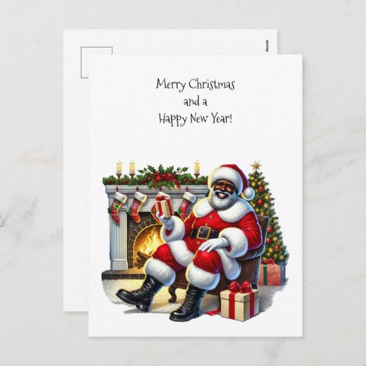Zwarte Kerstman met open haard, kousen, boom Feestdagenkaart (Voorkant / Achterkant)