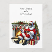 Zwarte Kerstman met open haard, kousen, boom Feestdagenkaart (Voorkant)