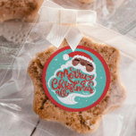 Zwarte Kerstman | Vrolijk kerstfeest | Turquoise B Ronde Sticker<br><div class="desc">Zwarte Kerstman met Sparkles en Vrolijk Kerstfeest Alle letters op blauwe achtergrond.</div>