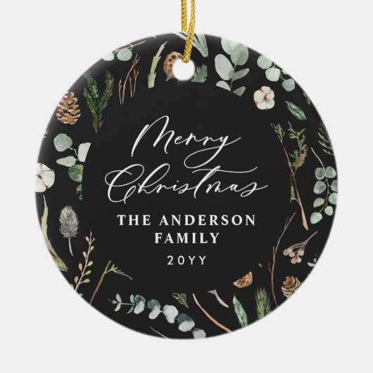 Zwarte Kerstmis minimale elegante botanische foto Keramisch Ornament (Voorkant)