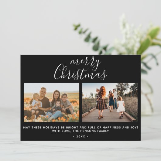Zwarte Kerstmis Script Familie Foto Collage Feestdagenkaart (Staand voorkant)