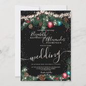 Zwarte kerstverlichting dennentak sneeuw bruiloft kaart (Voorkant)