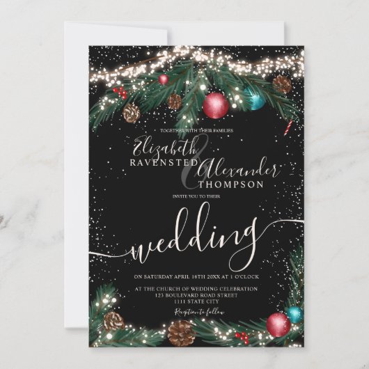Zwarte kerstverlichting dennentak sneeuw bruiloft kaart (Voorkant)
