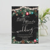 Zwarte kerstverlichting dennentak sneeuw bruiloft kaart (Staand voorkant)