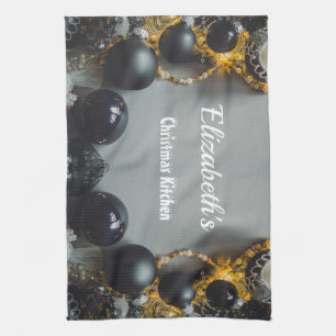 zwarte kerstversiering met lint theedoek