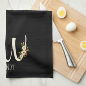 Zwarte keukenhanddoek met monogram Huis geschenk (Quarter Fold)