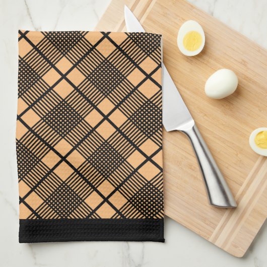 Zwarte keukenhanddoek met taupe horizontale ruiten (Quarter Fold)