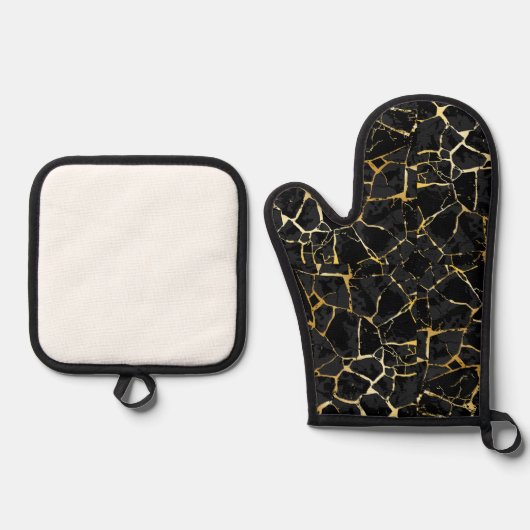 Zwarte Kintsugi Goud Ader Ovenwant & Pannenlap Set (Voorkant)