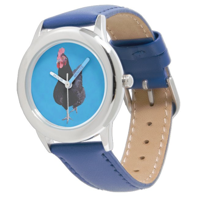 Zwarte kip op blauw, horloge (Gekanteld)