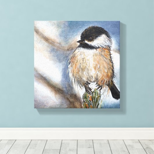 Zwarte kippeetvogel in de winter canvas afdruk (Insitu (Houten vloer))