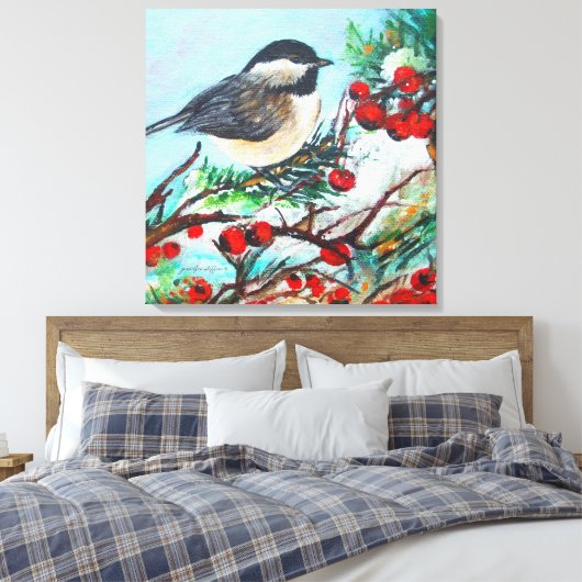 Zwarte kippeetvogel met bessen canvas afdruk (Insitu (Slaapkamer))