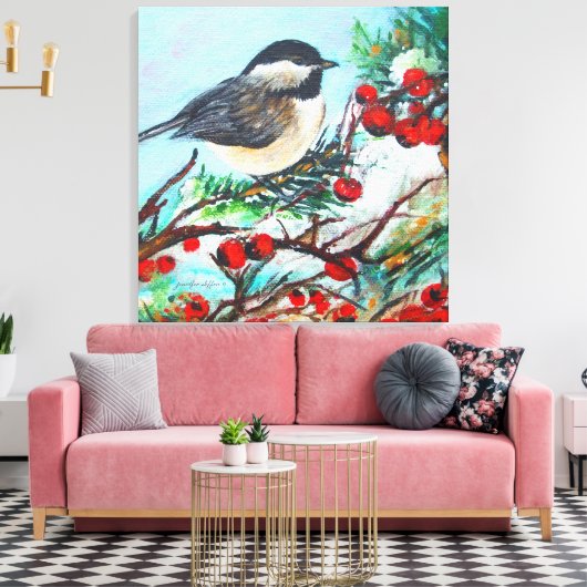Zwarte kippeetvogel met bessen canvas afdruk (Insitu (Woonkamer))