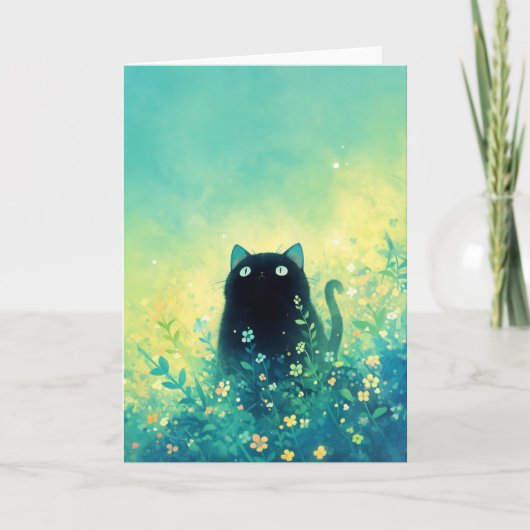Zwarte Kitten Bloemen Fantasie Kaart (Voorkant)