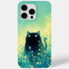 Zwarte Kitten Bloemrijke Fantasie iPhone 15 Pro Max Hoesje