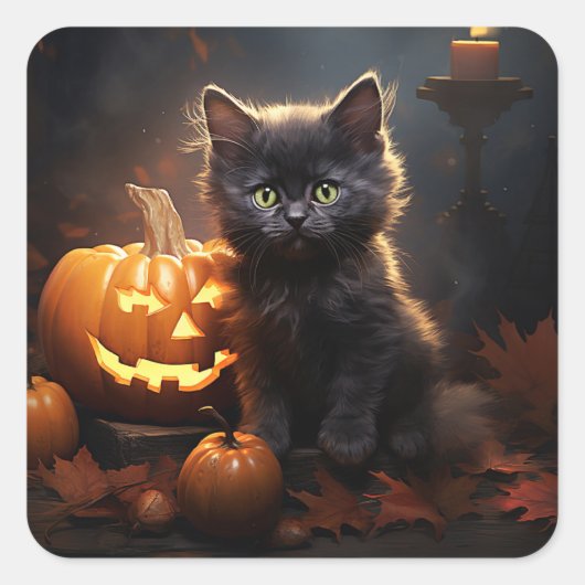 Zwarte kitten en Jack-O-Lantern, herfstbladeren Vierkante Sticker (Voorkant)