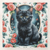  zwarte kitten en pioen glazen onderzetter (Voorkant)