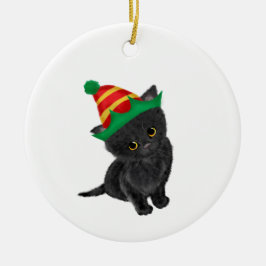 Zwarte kitten gepersonaliseerde kerstboomversierin keramisch ornament