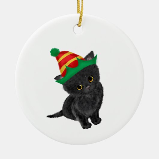Zwarte kitten gepersonaliseerde kerstboomversierin keramisch ornament (Voorkant)
