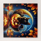 Zwarte kitten, herfstgebladerte, maan en pompoenen legpuzzel (Horizontaal)