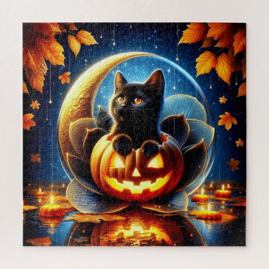 Zwarte kitten, herfstgebladerte, maan en pompoenen legpuzzel (Verticaal)