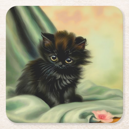 zwarte Kitten-illustratie Kartonnen Onderzetters (Voorkant)