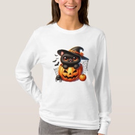 Zwarte kitten in een Halloween pompoen T-shirt