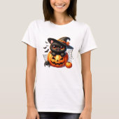 Zwarte kitten in een Halloween pompoen T-shirt (Voorkant)