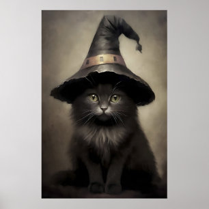 Zwarte kitten in een heks hoed print, halloween ka poster