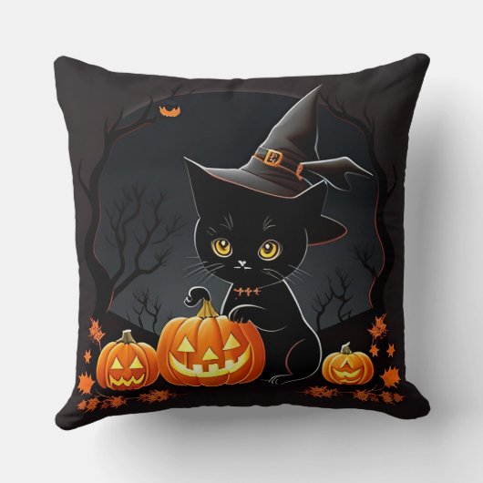 Zwarte kitten in heks Pet te midden van Halloween  Kussen (Achterkant)