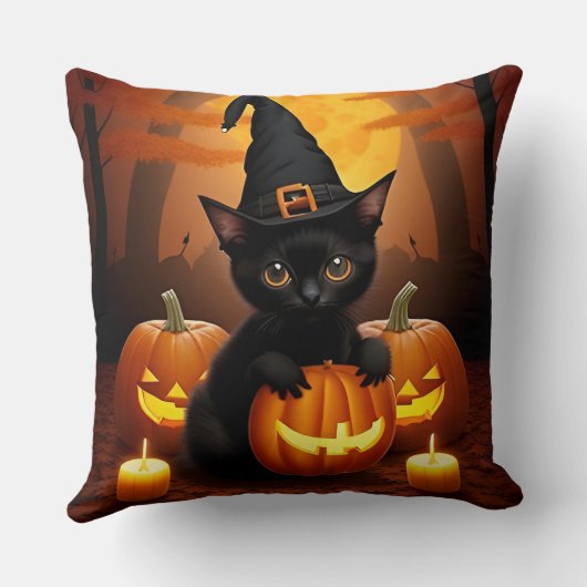 Zwarte kitten in heks Pet te midden van Halloween  Kussen (Achterkant)