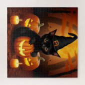 Zwarte kitten in heks Pet te midden van Halloween Legpuzzel (Horizontaal)