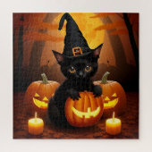Zwarte kitten in heks Pet te midden van Halloween  Legpuzzel (Verticaal)