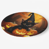 Zwarte kitten in heks Pet te midden van Halloween  Papieren Bordje (Gekanteld)