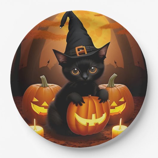 Zwarte kitten in heks Pet te midden van Halloween  Papieren Bordje (Voorkant)