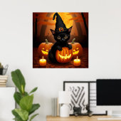 Zwarte kitten in heks Pet te midden van Halloween  Poster (Thuiskantoor)