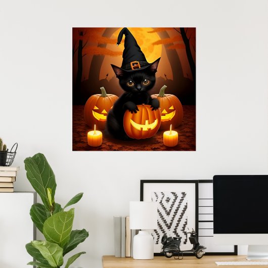 Zwarte kitten in heks Pet te midden van Halloween  Poster (Thuiskantoor)