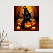 Zwarte kitten in heks Pet te midden van Halloween  Poster (Keuken)