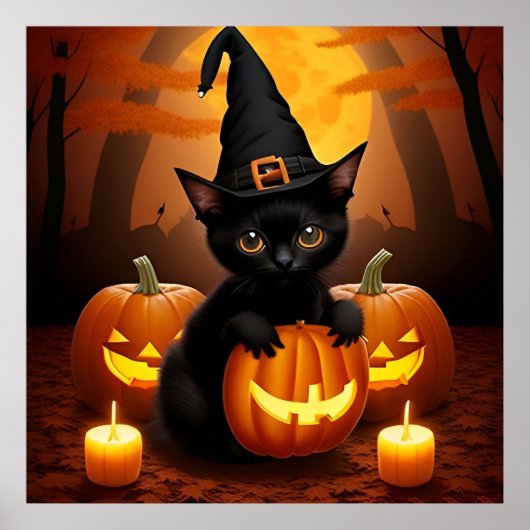Zwarte kitten in heks Pet te midden van Halloween  Poster (Voorkant)