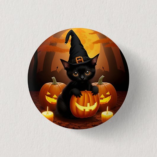 Zwarte kitten in heks Pet te midden van Halloween  Ronde Button 3,2 Cm (Voorkant)