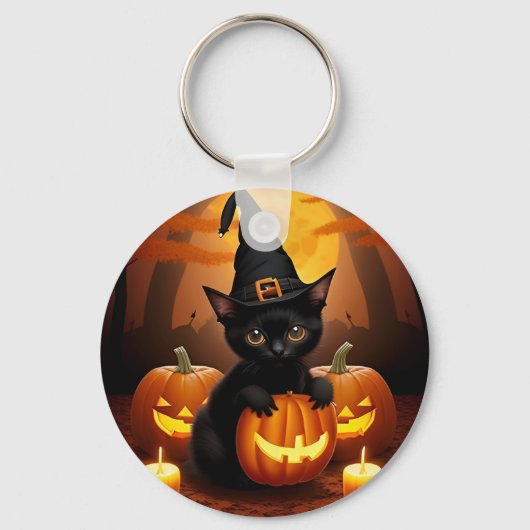 Zwarte kitten in heks Pet te midden van Halloween Sleutelhanger (Voorkant)